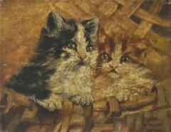 John Remmers Two Kittens in a Basket Oil on Panel Early 20th Century - 4682462