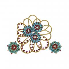 John Rubel John Rubel Ruby Diamond Turquoise Clip Brooch and Earrings Suit - 1068979