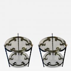 John Salterini MID CENTURY PAIR OF BLACK SCROLLED METAL DOUBLE TIER SIDE TABLES SMOKY GLASS - 4440549