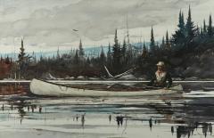 John Swan Man in a White Co Canoe Paddling on a Maine Lake - 4229852