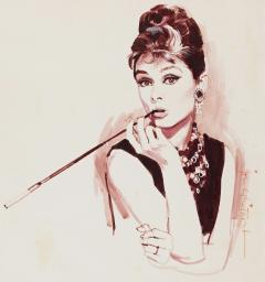 Jon Whitcomb Audrey Hepburn Portrait from Breakfast at Tiffany original artwork on paper - 4750502