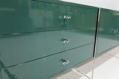 Jonathan Adler Three Section Mid Century Sideboard with Lucite Legs and Knobs in Green Lacquer - 3518111