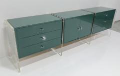 Jonathan Adler Three Section Mid Century Sideboard with Lucite Legs and Knobs in Green Lacquer - 3518112