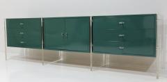 Jonathan Adler Three Section Mid Century Sideboard with Lucite Legs and Knobs in Green Lacquer - 3518115