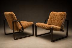 Jorge Zalszupin Pair of Brazilian Modern Lounge Chairs in Camel Shearling Darkened Brass Steel - 4599782