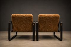 Jorge Zalszupin Pair of Brazilian Modern Lounge Chairs in Camel Shearling Darkened Brass Steel - 4599791