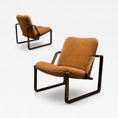 Jorge Zalszupin Pair of Brazilian Modern Lounge Chairs in Camel Shearling Darkened Brass Steel - 4602256