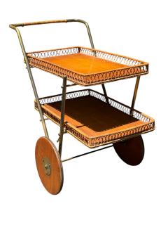 Josef Frank RARE MID CENTURY BRASS RATTAN BAR CART WITH WOODEN WHEELS BY JOSEF FRANK - 4605200