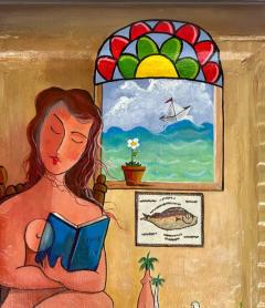 Juan Navarrete Juan Navarette Abstract Cuban Folkloric Painting Woman with Fish and Pigeon  - 3599491