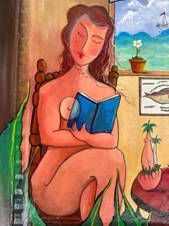 Juan Navarrete Juan Navarette Abstract Cuban Folkloric Painting Woman with Fish and Pigeon  - 3599494