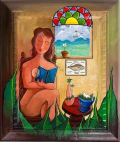 Juan Navarrete Juan Navarette Abstract Cuban Folkloric Painting Woman with Fish and Pigeon  - 3599495