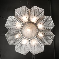 Jules Leleu Art Deco Frosted Glass Cubist Geometric Detail Fluted Chandelier Signed Leleu - 4654189