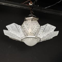 Jules Leleu Art Deco Frosted Glass Cubist Geometric Detail Fluted Chandelier Signed Leleu - 4654190