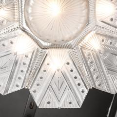 Jules Leleu Art Deco Frosted Glass Cubist Geometric Detail Fluted Chandelier Signed Leleu - 4654196
