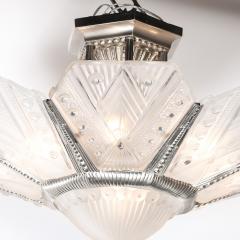 Jules Leleu Art Deco Frosted Glass Cubist Geometric Detail Fluted Chandelier Signed Leleu - 4654238