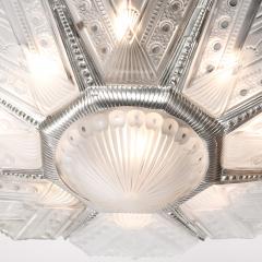 Jules Leleu Art Deco Frosted Glass Cubist Geometric Detail Fluted Chandelier Signed Leleu - 4654239