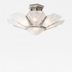 Jules Leleu Art Deco Frosted Glass Cubist Geometric Detail Fluted Chandelier Signed Leleu - 4659954