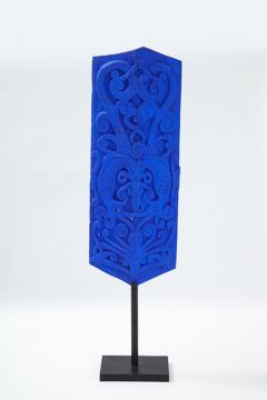 KLEIN BLUE PAINTED DAYAK TRIBE SCULPTED SHIELD ON STAND - 2607494