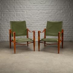 Kaare Klint Pair of Kaare Klint Safari Chair Sage Green Canvas Denmark 1960s - 4339590