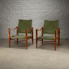 Kaare Klint Pair of Kaare Klint Safari Chair Sage Green Canvas Denmark 1960s - 4339591