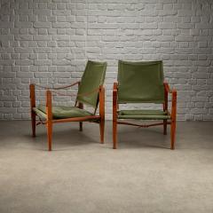 Kaare Klint Pair of Kaare Klint Safari Chair Sage Green Canvas Denmark 1960s - 4339592