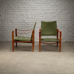 Kaare Klint Pair of Kaare Klint Safari Chair Sage Green Canvas Denmark 1960s - 4339593