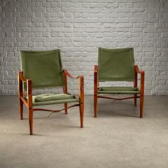 Kaare Klint Pair of Kaare Klint Safari Chair Sage Green Canvas Denmark 1960s - 4339594