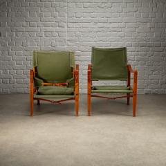Kaare Klint Pair of Kaare Klint Safari Chair Sage Green Canvas Denmark 1960s - 4339595
