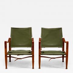 Kaare Klint Pair of Kaare Klint Safari Chair Sage Green Canvas Denmark 1960s - 4344732