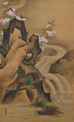 Kano Chikanobu 19th Century Japanese Silk Painting by Kano Chikanobu Turtles Azaleas  - 3862845