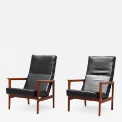 Karl Erik Ekselius Pair Karl Erik Ekselius Mid Century Black Leather Lounge Chairs - 2613464