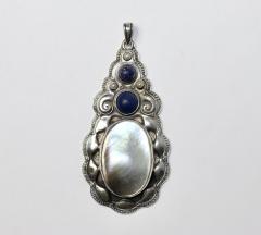 Karl Johann Bauer Jugendstil Lapis MOP Seed Pearls Silver Necklace by Karl Bauer 1906 Germany - 3517181