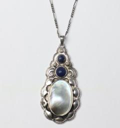 Karl Johann Bauer Jugendstil Lapis MOP Seed Pearls Silver Necklace by Karl Bauer 1906 Germany - 3517186