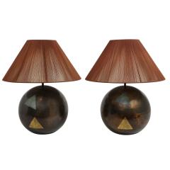 Karl Springer Karl Springer Pair Oxidized Brass Ball Lamps Multi Triangle Design 1980s - 2392549