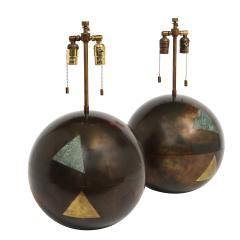 Karl Springer Karl Springer Pair Oxidized Brass Ball Lamps Multi Triangle Design 1980s - 2392552