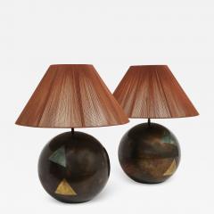 Karl Springer Karl Springer Pair Oxidized Brass Ball Lamps Multi Triangle Design 1980s - 2394081