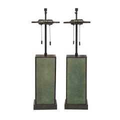 Karl Springer Karl Springer Pair of Table Lamps in Green Shagreen and Bronze 1980s - 2307443