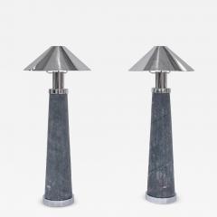 Karl Springer Karl Springer Rare Pair of Lighthouse Lamps in Blue Shagreen and Nickel 1980s - 3571723