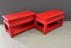Karl Springer Karl Springer Style Lacquered Red Raffia Side Tables w Brass Pulls Mid Century - 3357182