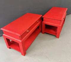 Karl Springer Karl Springer Style Lacquered Red Raffia Side Tables w Brass Pulls Mid Century - 3357185