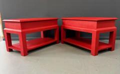 Karl Springer Karl Springer Style Lacquered Red Raffia Side Tables w Brass Pulls Mid Century - 3357197
