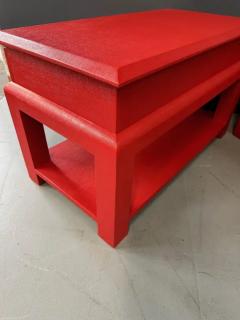 Karl Springer Karl Springer Style Lacquered Red Raffia Side Tables w Brass Pulls Mid Century - 3357203