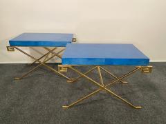 Karl Springer LTD Pair of JMF Greek Key Tables w Lapis Goatskin Tops Karl Springer Ltd - 4641629