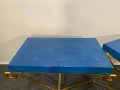 Karl Springer LTD Pair of JMF Greek Key Tables w Lapis Goatskin Tops Karl Springer Ltd - 4641660