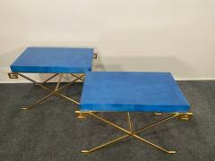 Karl Springer LTD Pair of JMF Greek Key Tables w Lapis Goatskin Tops Karl Springer Ltd - 4641661