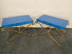 Karl Springer LTD Pair of JMF Greek Key Tables w Lapis Goatskin Tops Karl Springer Ltd - 4641663