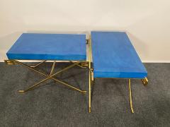 Karl Springer LTD Pair of JMF Greek Key Tables w Lapis Goatskin Tops Karl Springer Ltd - 4641664