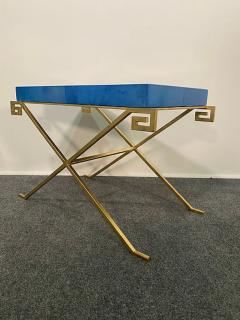 Karl Springer LTD Pair of JMF Greek Key Tables w Lapis Goatskin Tops Karl Springer Ltd - 4641667