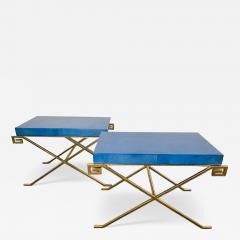 Karl Springer LTD Pair of JMF Greek Key Tables w Lapis Goatskin Tops Karl Springer Ltd - 4710216