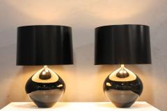 Karl Springer Large Karl Springer Style Black Ceramic Bulbous Lamps - 2889846